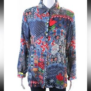 NEW Shana Viscose Silk Long Sleeve Button Down Abstract
Navy Blue Top Size S